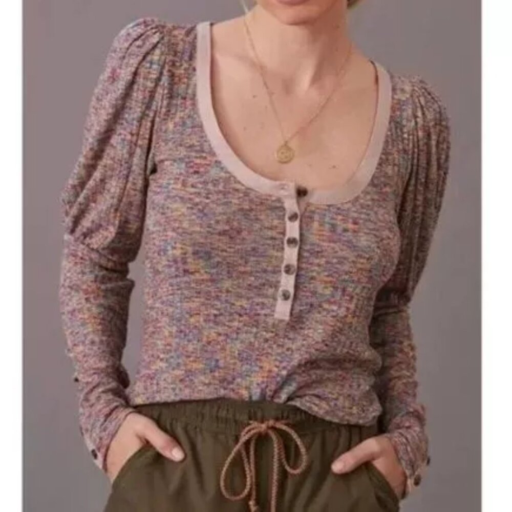 Anthropologie Size S Puff Sleeve Space Dye Multicolor Knit Stretch Henley Top